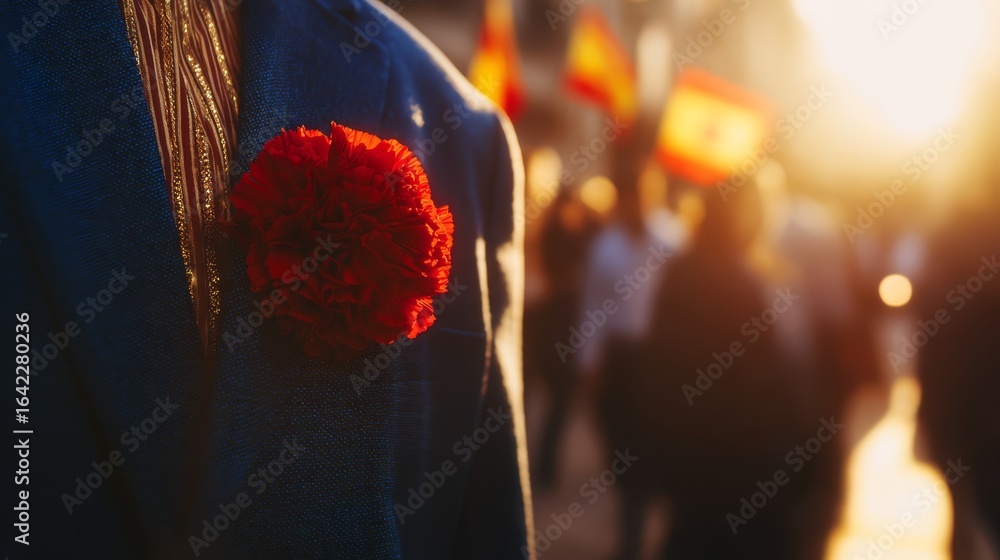 Obraz premium A red carnation pinned on a navy blue jacket, sunlight filtering through with Spanish flags in the background.