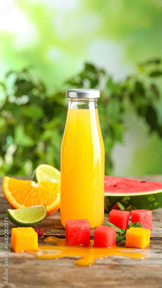 Fototapeta premium Juicy fruit smoothie in glass bottle