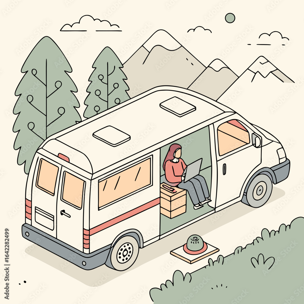 Fototapeta premium Remote work in van with open laptop.