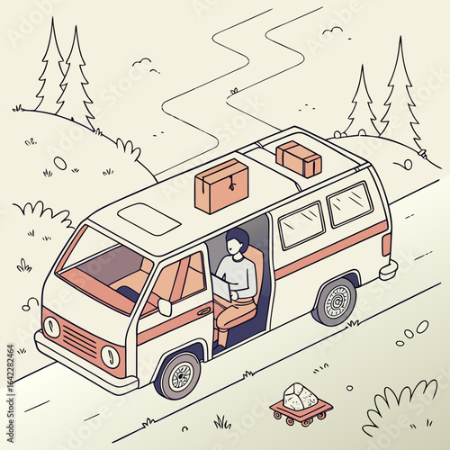 Remote work in van with open laptop.