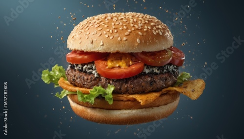 Flying Gourmet Burger with Fresh Ingredients, Dynamic Food Photo