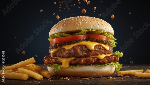 Delicious Double Cheeseburger with Fries and Flying Crumbs
