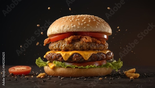 Juicy Double Cheeseburger with Flying Sesame Seeds