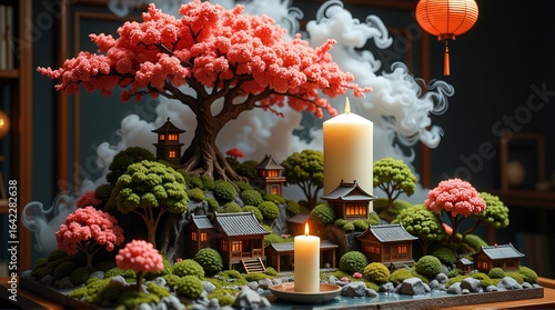 Japanese Zen Garden Miniature with Bonsai and Lantern