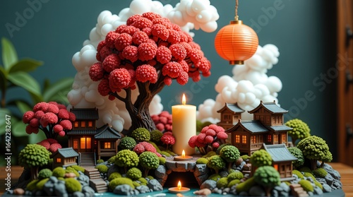 Serene Miniature Japanese Garden with Candlelight