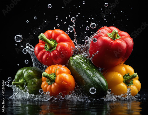 Fresh Bell Peppers Splashing into Clear Water