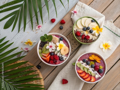 Assortment of Colorful Healthy Smoothie Bowls on a White Wooden Table