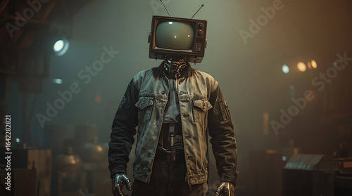 Surreal Robot with a Vintage TV for a Head in an Industrial Setting