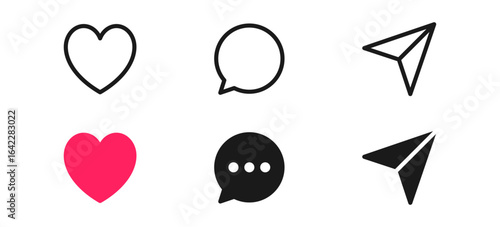 Like, comment, share icon button set. Social media notification icons : reply and love heart flat icon , social network user interface flat icons, post reactions. Vector illustration