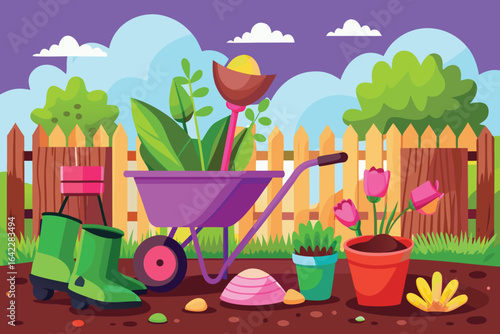 Colorful garden scene illustration featuring wheelbarrow flowers gardening tools and wooden fence with artistic style