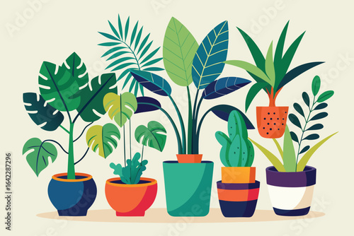 Colorful illustration of potted houseplants in a variety of shapes and sizes against a cream background