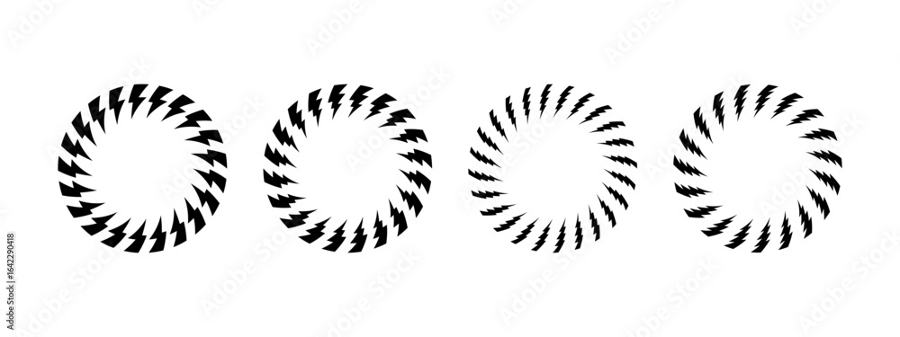 Fototapeta premium Set of round frames with bolt silhouettes print. Circular borders with lightning icons isolated on white background. Shock, energy, power or danger comic design elements. Vector graphic illustration.