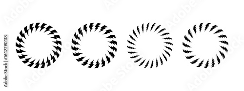 Set of round frames with bolt silhouettes print. Circular borders with lightning icons isolated on white background. Shock, energy, power or danger comic design elements. Vector graphic illustration.