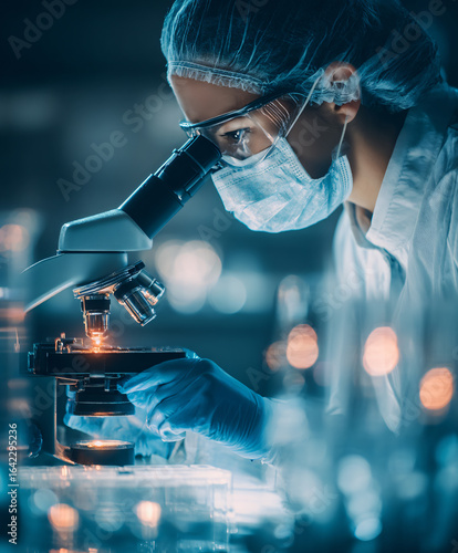 Female Scientist Using Microscope Laboratory Research Health Biotechnology Experiment Analysis Biochemistry Scientific Study Professional Microscopy 