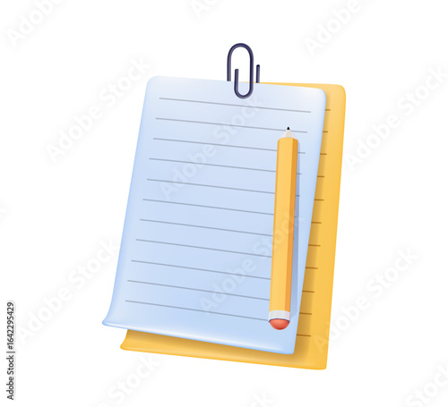 Notepad notes and Pencil Vector illustration. Notebook and pencil. Ideal for school, office, and creative designs. 3D paper textbook concept, persomal notes. Stationery blank sheets for diary, memos