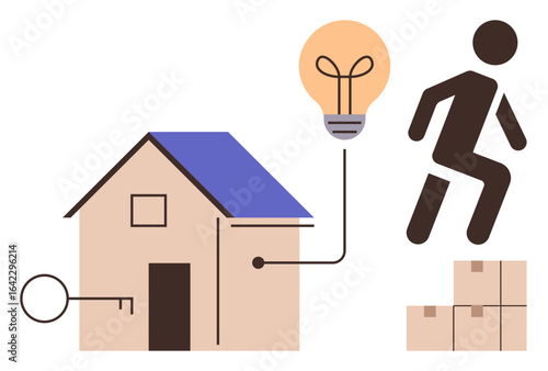 House with key, lightbulb symbolizing ideas, and person stepping up on boxes. Ideal for real estate, creativity, innovation, progress, opportunity problem-solving leadership. Simple flat metaphor