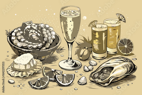 Elegant still life depicting oysters champagne and various appetizers in a sepia toned vector illustration