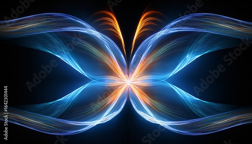 ethereal light waves create vibrant butterfly shape against dark background in abstract digital art display