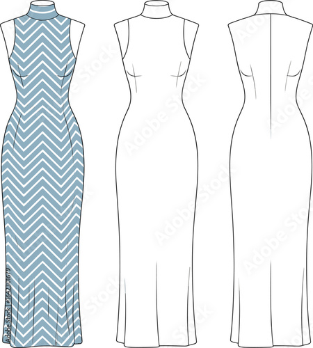 Elegant sleeveless long dress fashion sketch, high neck design with chevron print, front and back technical drawing, CAD drawing flat vector illustration