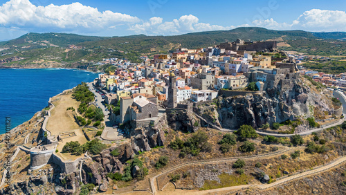 Aerial view of Castelsardo, a fortified Genoese city built on a headland overlooking the Mediterranean Sea on the Italian island of Sardinia