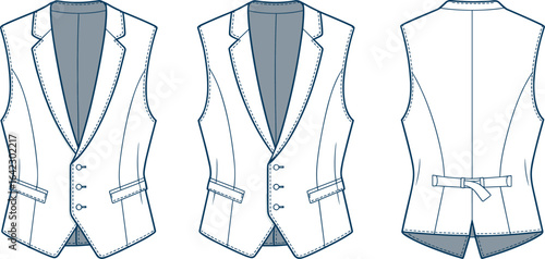 Formal men's vest front and back view, tailored waistcoat design, buttoned closure, sleeveless apparel fashion sketch, cad drawing flat vector illustration