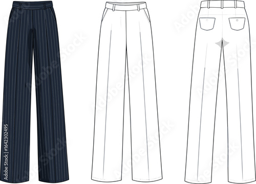 High-waisted pinstripe wide-leg trousers front and back view, technical flat sketch for womenswear fashion, clean cad vector outline