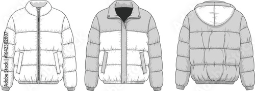 Men’s winter puffer jacket technical drawing, front side back view, insulated warm coat with zipper and hood, fashion CAD sketch flat vector