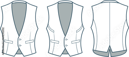 Men's classic formal waistcoat, front and back view, buttoned vest design with pockets, tailored fashion cad drawing flat vector illustration