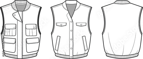 Men's utility vest with multiple pockets, sleeveless design, front zipper and snap button closure, ribbed collar and hem, functional outdoor wear, casual rugged style, versatile layering garment