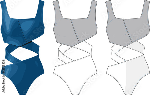 Trendy cut out one-piece swimsuit design, CAD drawing flat vector illustration, stylish women's swimwear fashion template front and back view