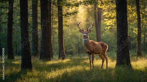Majestic deer in the serene forest at dawn