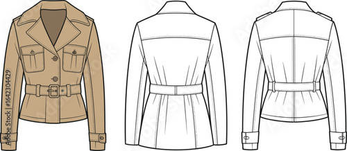 Women's belted jacket fashion illustration, khaki coat with buttons, flap pockets, cuff straps, collar, waist belt, back views, cad drawing flat vector illustration