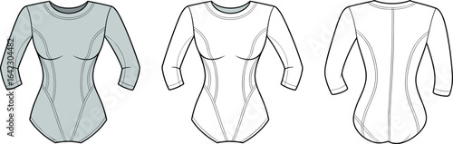 Women's fitted bodysuit technical flat sketch with panel seam details, front and back views, cad drawing fashion vector illustration
