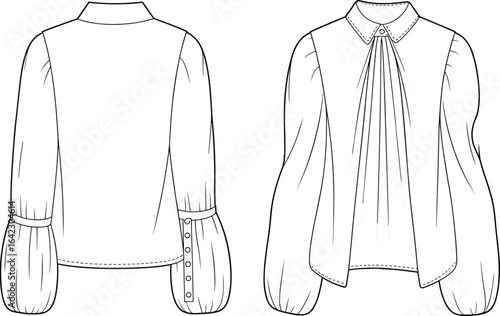 Women's puff sleeve blouse fashion flat sketch, front and back view, pleated front detail, shirt collar, technical design illustration, cad drawing flat vector illustration