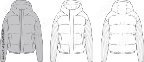 Women's winter jacket with hood, quilted body, ribbed long sleeves, front zipper closure, side pockets, padded design, warm outerwear, casual cold weather coat