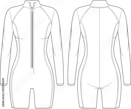 Long sleeve short bodysuit fashion template, cad drawing flat vector illustration, front and back view, apparel design, garment sketch layout