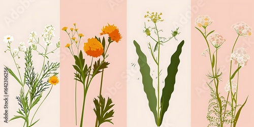 Fototapeta Naklejka Na Ścianę i Meble -  A lively scene of colorful meadow and garden blossoms accompanied by insects, set against a transparent background.