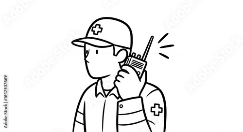 Wallpaper Mural Monochrome Line Art Illustration of First Responder in Uniform Holding Walkie Talkie Emergency Communication Aid on White Background Torontodigital.ca