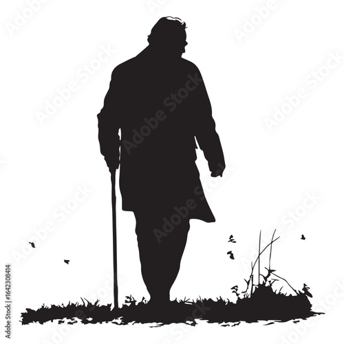 silhouette of grandfather walking using a stick