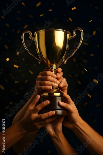 Close-up of multiple hands holding a golden trophy with confetti and dark background – AI generated
