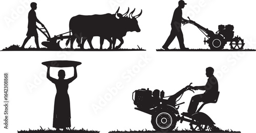 various farming activities with people and animals in silhouette style