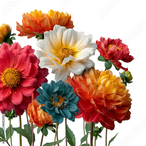 Beautiful dahlias floral arrangement colorful blossoms garden flowers bloom isolated on transparent background 