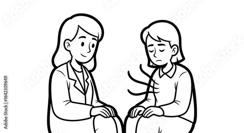 Two Women Face Each Other One Smiling Other Appears Sad with Dark Lines Emanating from Neck in Black and White Line Art