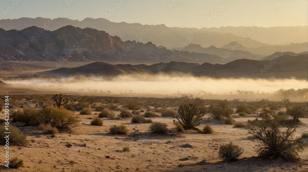 Obraz premium Misty desert sunrise with mountain range backdrop