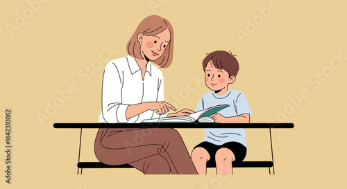 Homeschool tutoring Woman teaching boy reading book