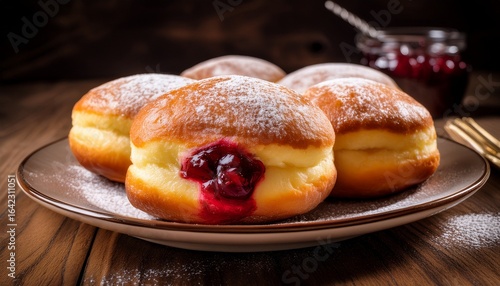 dish of paczki donuts polish doughnuts with a cherry jam filling