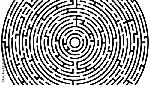 Black and white circular maze illustrating complexity and challenging problem solving concepts