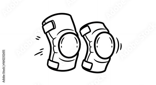 Black and White Illustration of Padded Knee Pads for Sports and Safety on White Background with Motion Lines Conveying Movement in Line Art Style