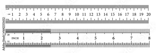Vector ruler set with metric and imperial scales, centimeter, millimeter, and inch divisions. Precision measuring tool illustration for drafting, engineering, school, and design projects.