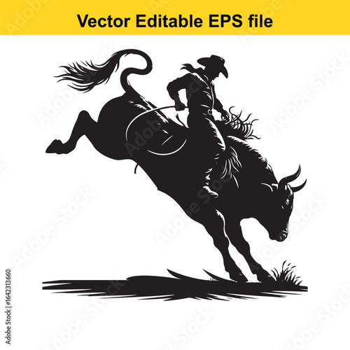 Cowboy Bull Riding Silhouette, Western Rodeo Vector Art